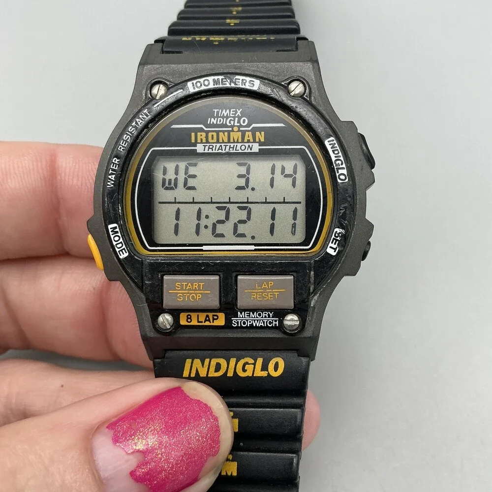 Vintage Timex Ironman Indiglo Mens Watch 39mm Black 8 Lap Alarm 100M Triathlon